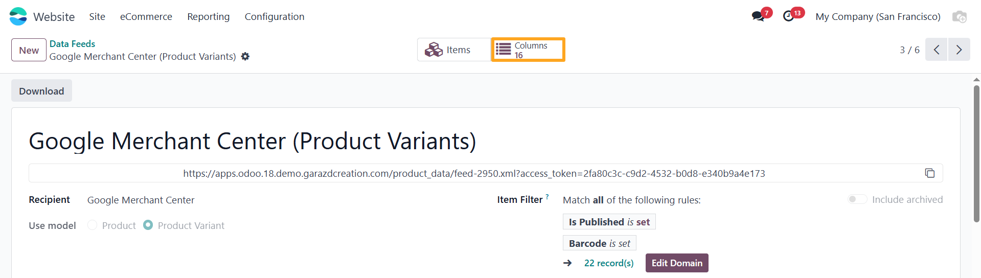 Odoo 18.0 Google Merchant Center GMC Product Data Feed Columns Button